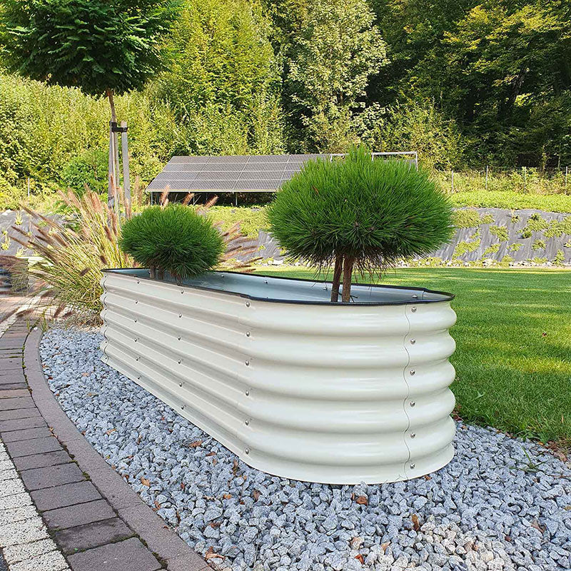 Metallhochbeet in Farbe Cremeweiß steht auf einer Fläche mit Kies in einem moderen Garten. Es ist mit zwei kleinen Kiefern bepflanzt.