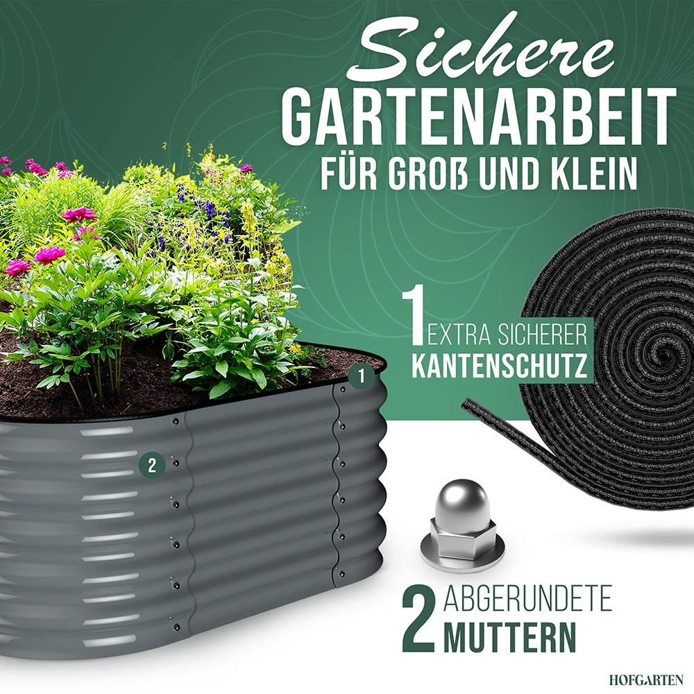 Sichere Gartenarbeit mit HOFGARTEN Hochbeeten – Das Anthrazit Metallhochbeet ist im Bild zu sehen. Es überzeugt mit abgerundeten Muttern und sicherem Kantenschutz, ideal für Familien.