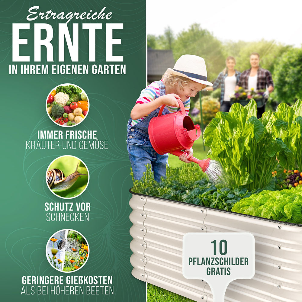 Junge gießt ein HOFGARTEN Hochbeet aus Metall in Farbe creme weiß voller frischer Gemüsepflanzen. Infografik zeigt Vorteile wie nachhaltigen Anbau und geringeren Wasserverbrauch.