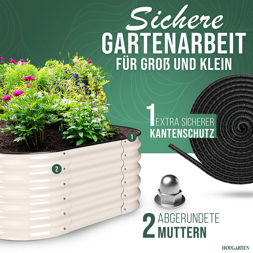 Hochwertiges Hochbeet mit Schutzdetails – Das langlebige HOFGARTEN Metallhochbeet in Elfenbein bietet durch den Kantenschutz und die abgerundeten Muttern maximale Sicherheit. Ideal für Familiengärten.