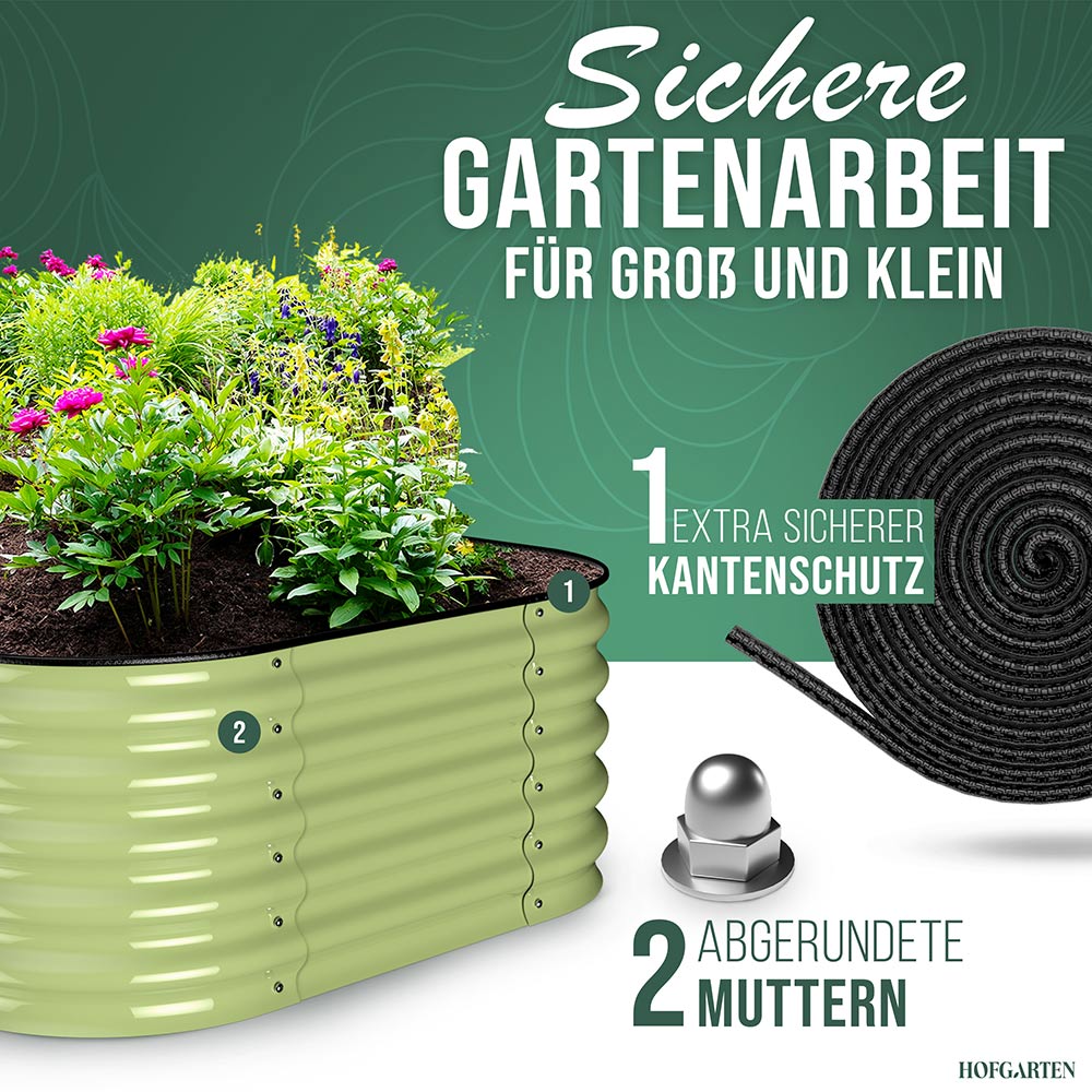 Metallhochbeet mit Kantenschutz für mehr Sicherheit – Das HOFGARTEN Hochbeet in Salbei Grün mit schützendem Kantenschutz und abgerundeten Muttern ermöglicht sicheres Gärtnern für Groß und Klein.