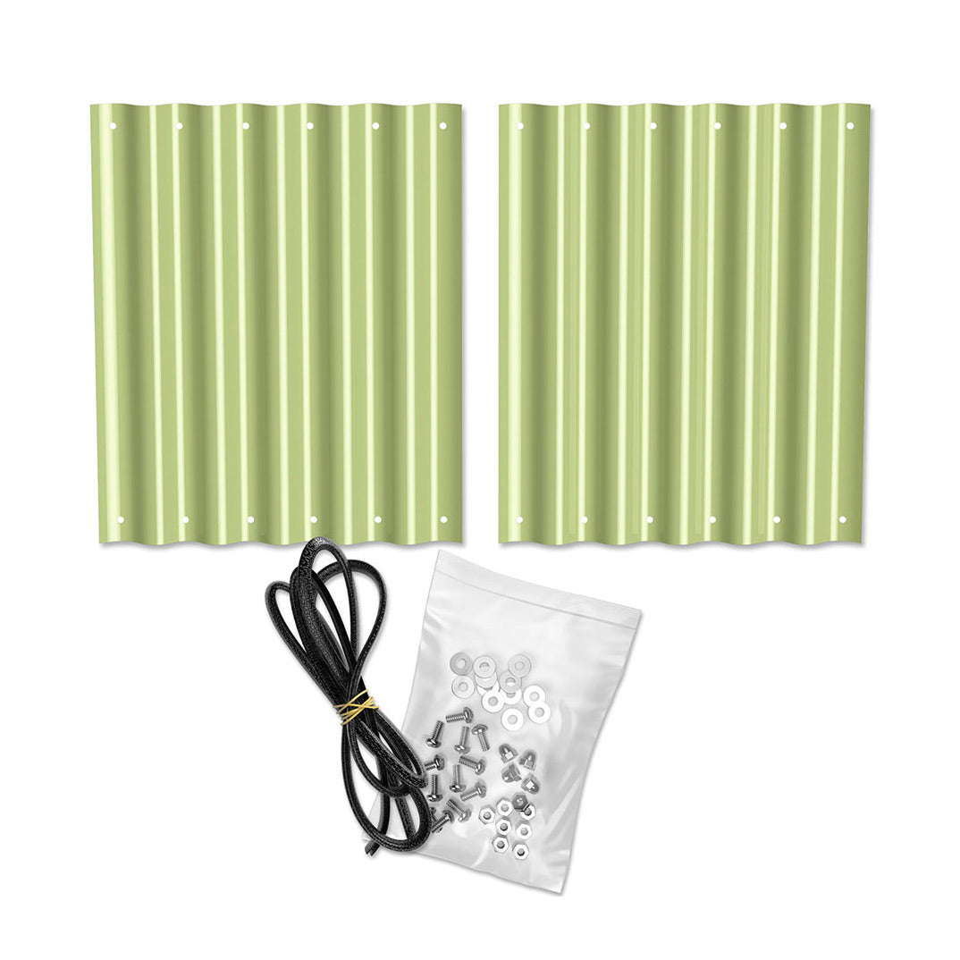 Produktbild: Erweiterungs-Kit in Farbe Salbei mit 2 Seitenplatten, Randabdeckung und Montagematerial. 