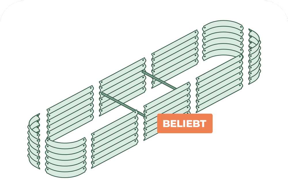 Metall-Hochbeet in länglicher Form 200 x 60 x 42 cm (Länge x Breite x Höhe). 4 Eckteile, 6 Seitenplatten, 2 Querstreben.