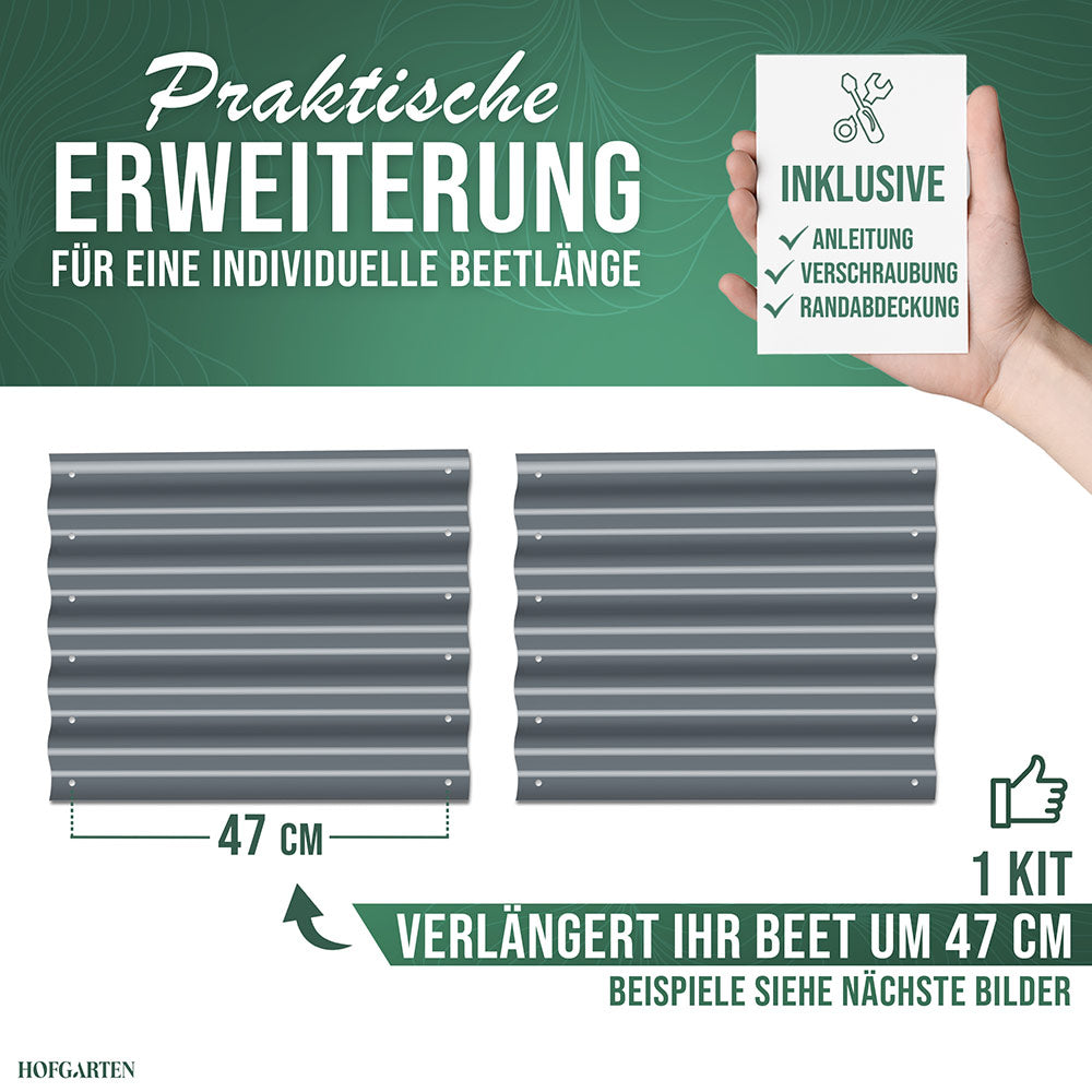Erweiterung für Hochbeet mit 42 cm Höhe. Zwei Seitenplatten in Anthrazit sind im Set enthalten. Jedes Blech verlängert oder verbreitert das Beet um 47 cm.
