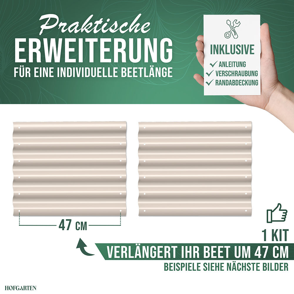 Erweiterung für Hochbeet mit 42 cm Höhe. Zwei Seitenplatten in Cremeweiß sind im Set enthalten. Jedes Blech verlängert oder verbreitert das Beet um 47 cm.
