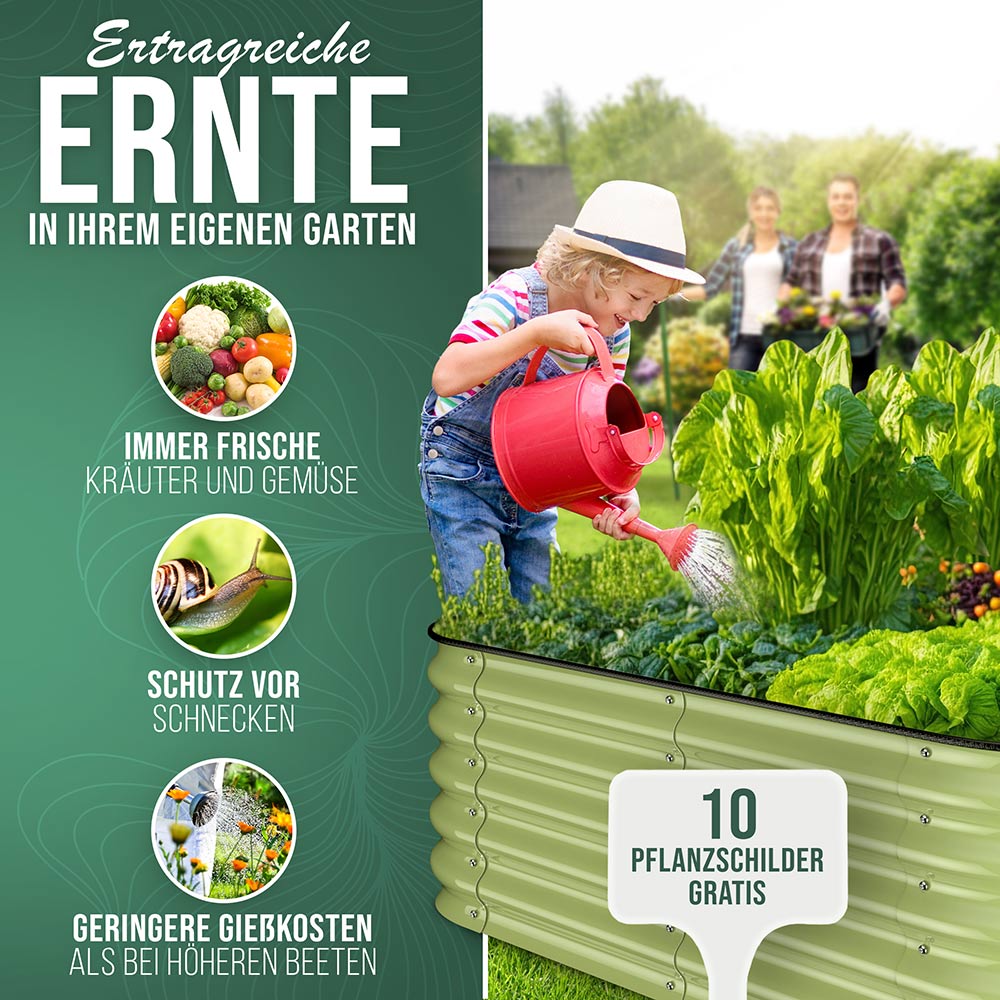 Kind bewässert ein HOFGARTEN Hochbeet in Farbe Salbei mit grünem Salat. Infografik hebt Vorteile wie frische Ernte, Schutz vor Schnecken und Wassereffizienz hervor.
