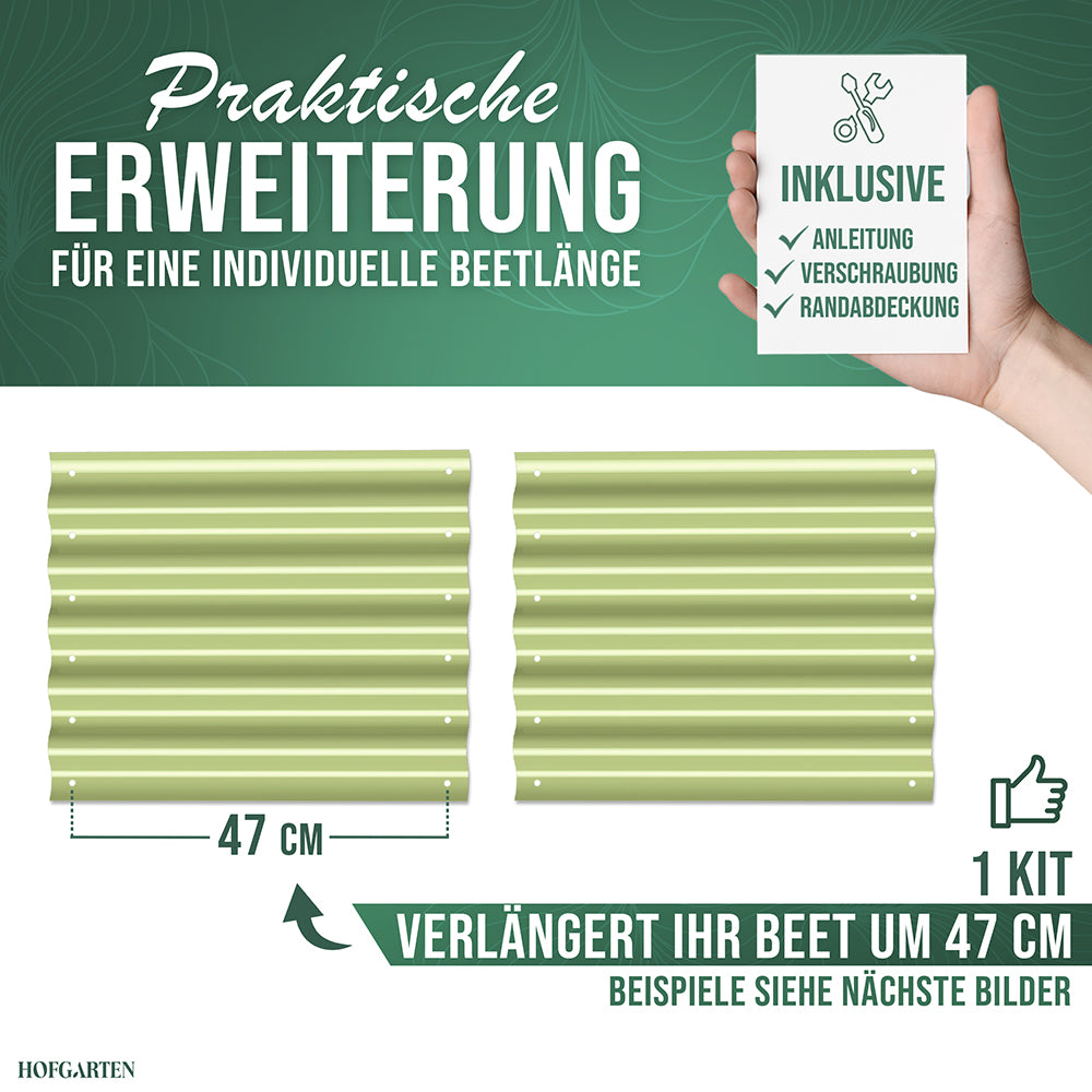 Erweiterung für Hochbeet mit 42 cm Höhe. Zwei Seitenplatten in Salbei sind im Set enthalten. Jedes Blech verlängert oder verbreitert das Beet um 47 cm.
